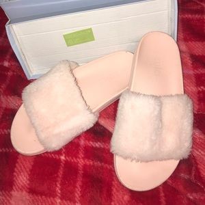 Baby pink fur slides